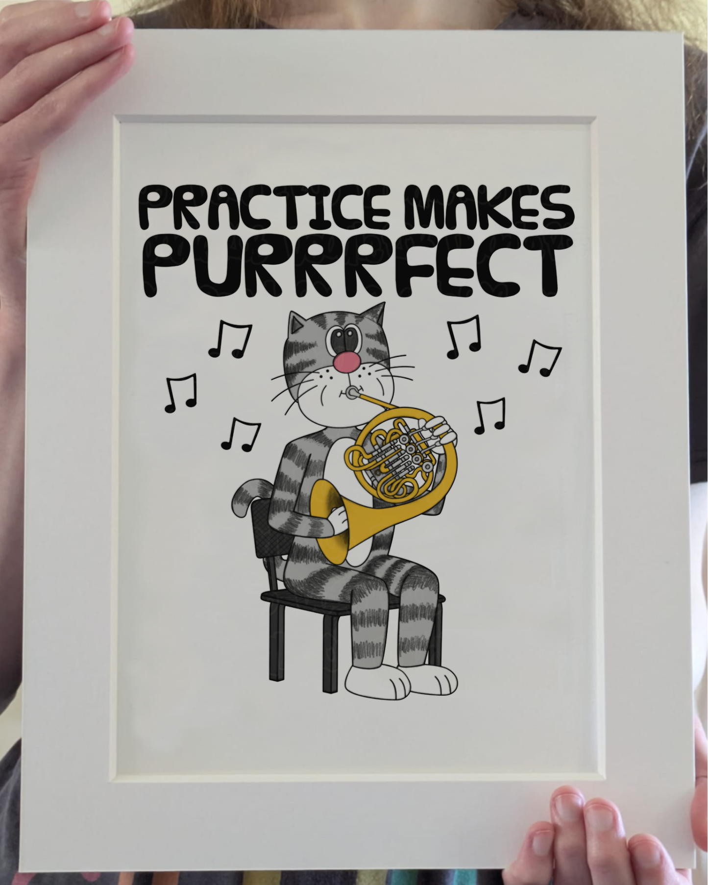 Cat French Horn Art Print - Practice Makes Purrrfect - Horn Player Wall Art - Funny Brass Musician Decor