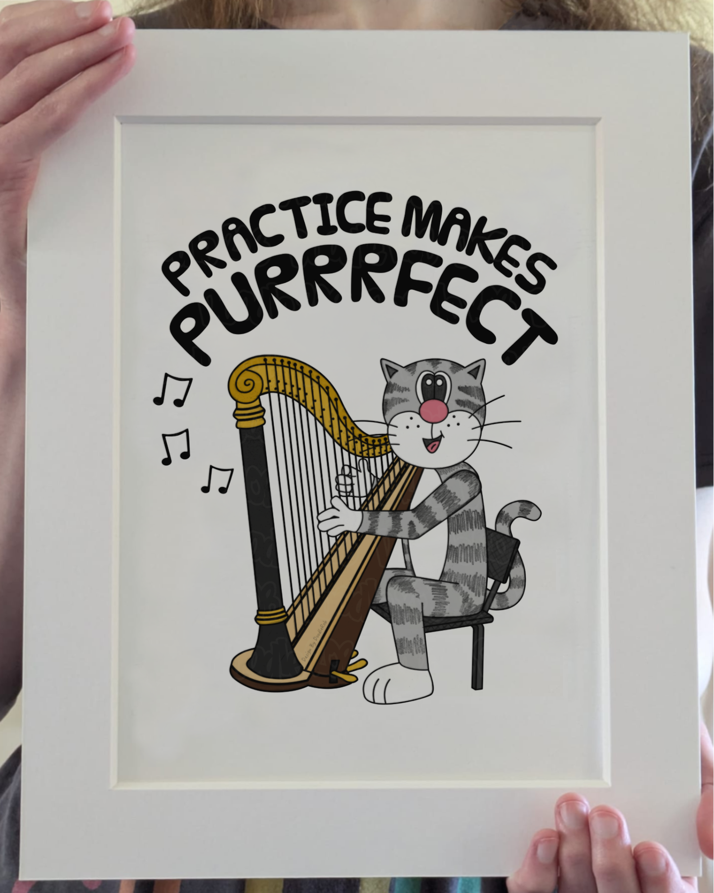 Cat Harp Art Print - Practice Makes Purrrfect - Harpist Wall Art - Funny String Musician Decor