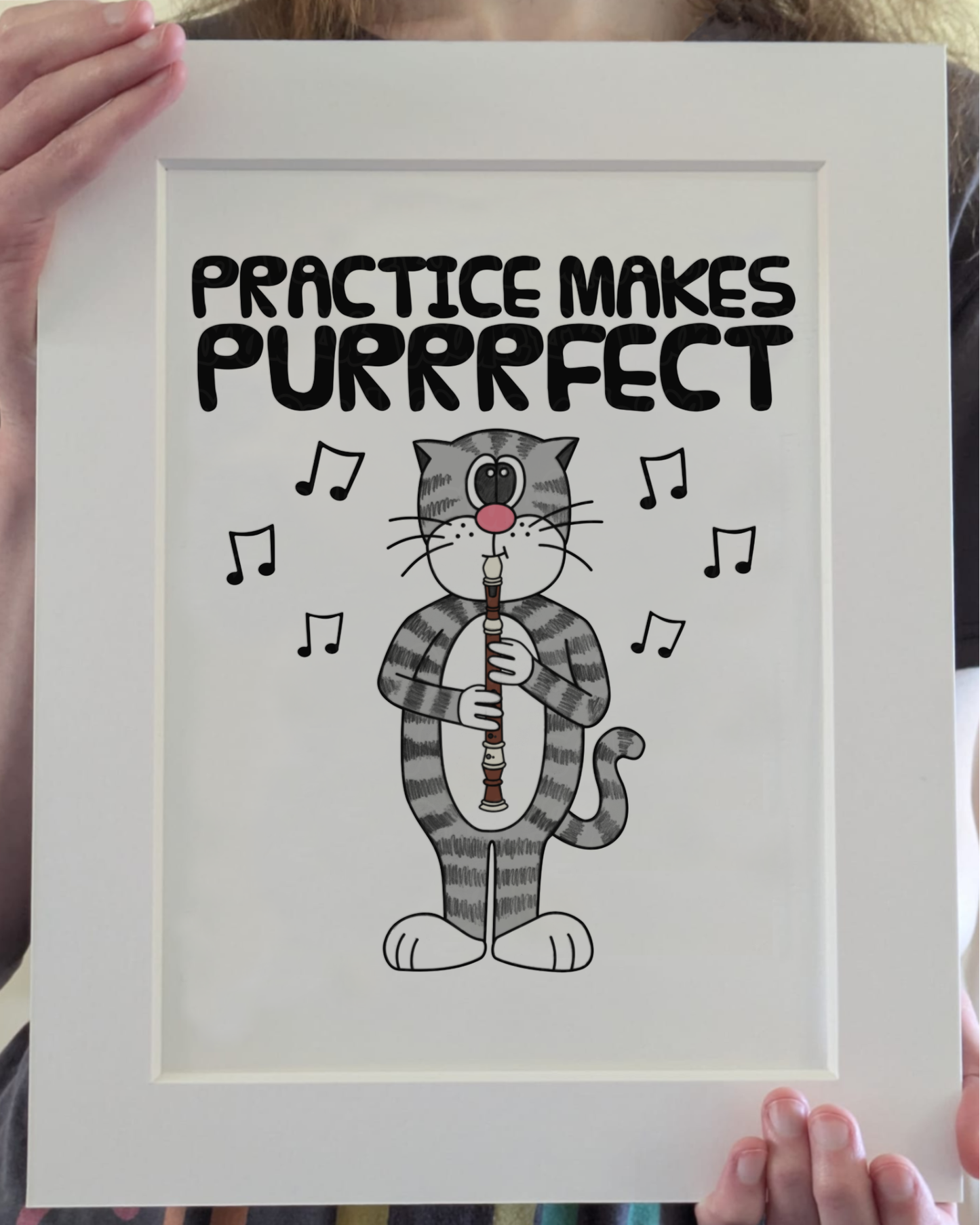 Cat Recorder Art Print - Practice Makes Purrrfect - Recorderist Wall Art - Funny School Music Teacher Gift