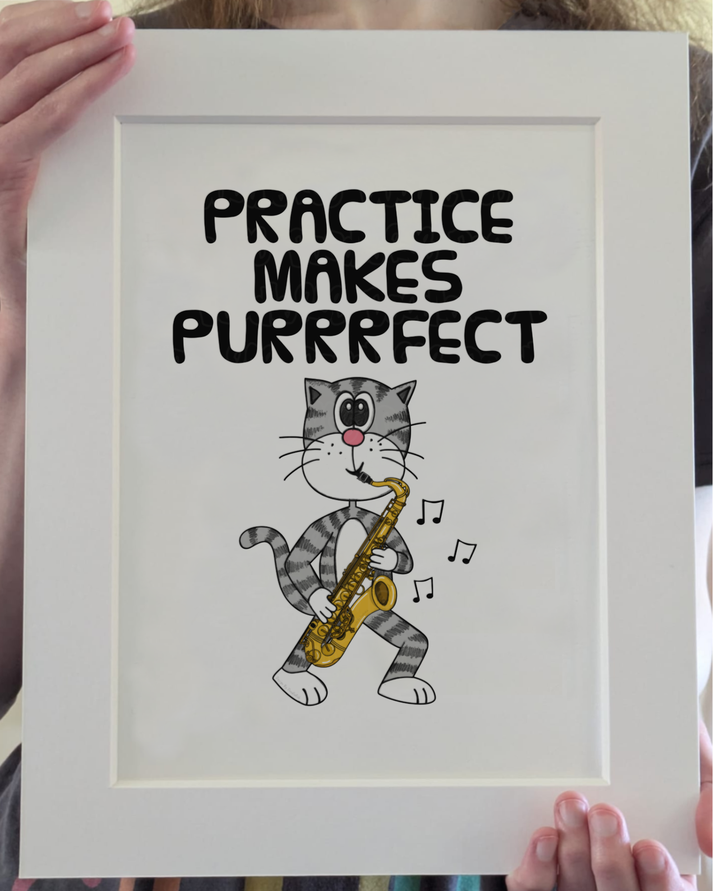 Cat Saxophone Art Print - Practice Makes Purrrfect - Saxophonist Wall Art - Funny Music Teacher Gift