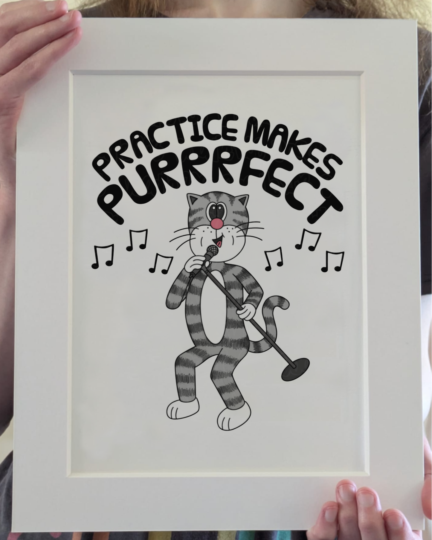 Cat Singer Art Print (Wall Art) - Practice Makes Purrrfect - Vocalist Music Room Decor - Singing Teacher Gift
