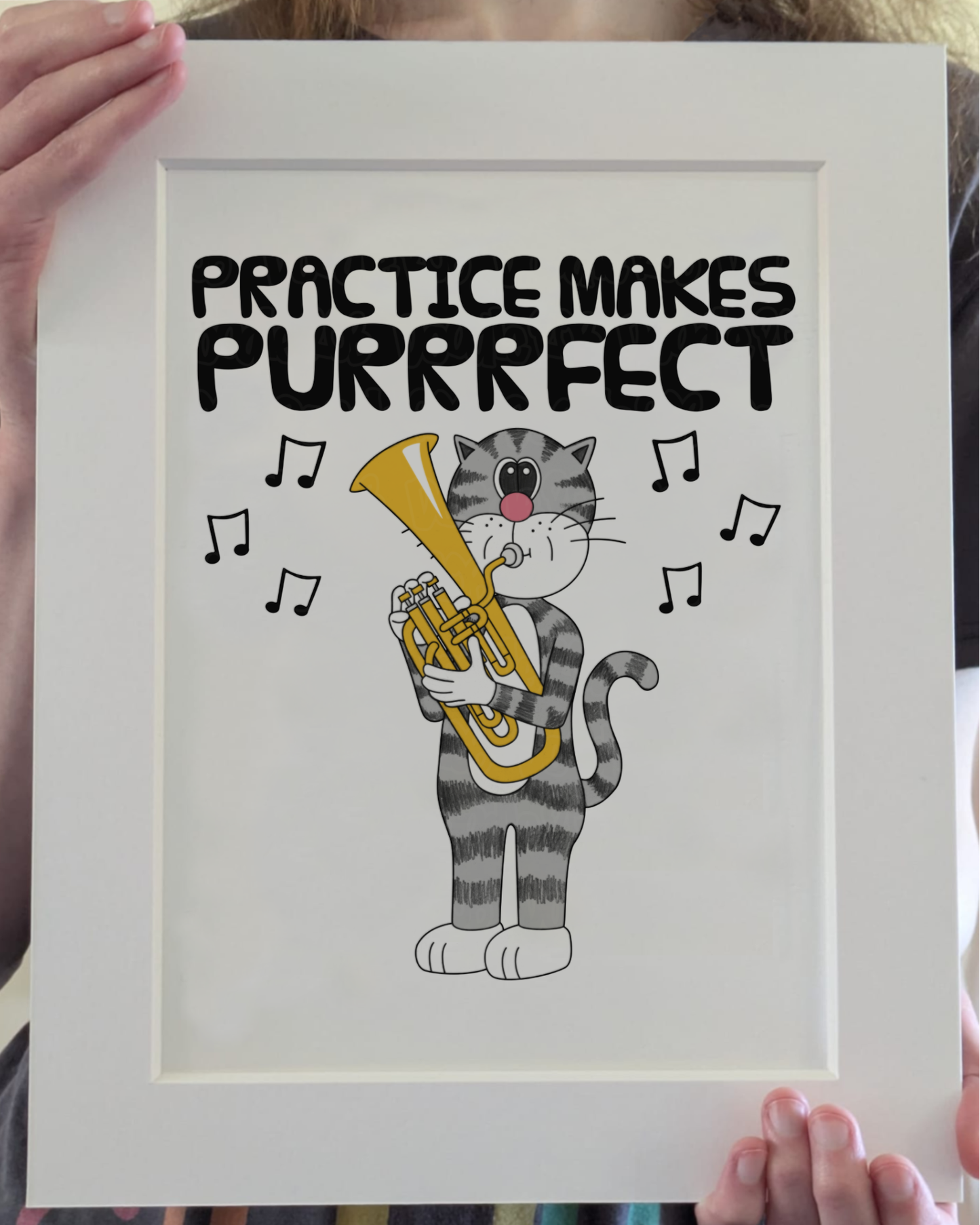 Cat Tenor Horn Art Print - Practice Makes Purrrfect - Horn Player Wall Art - Funny Brass Musician Decor