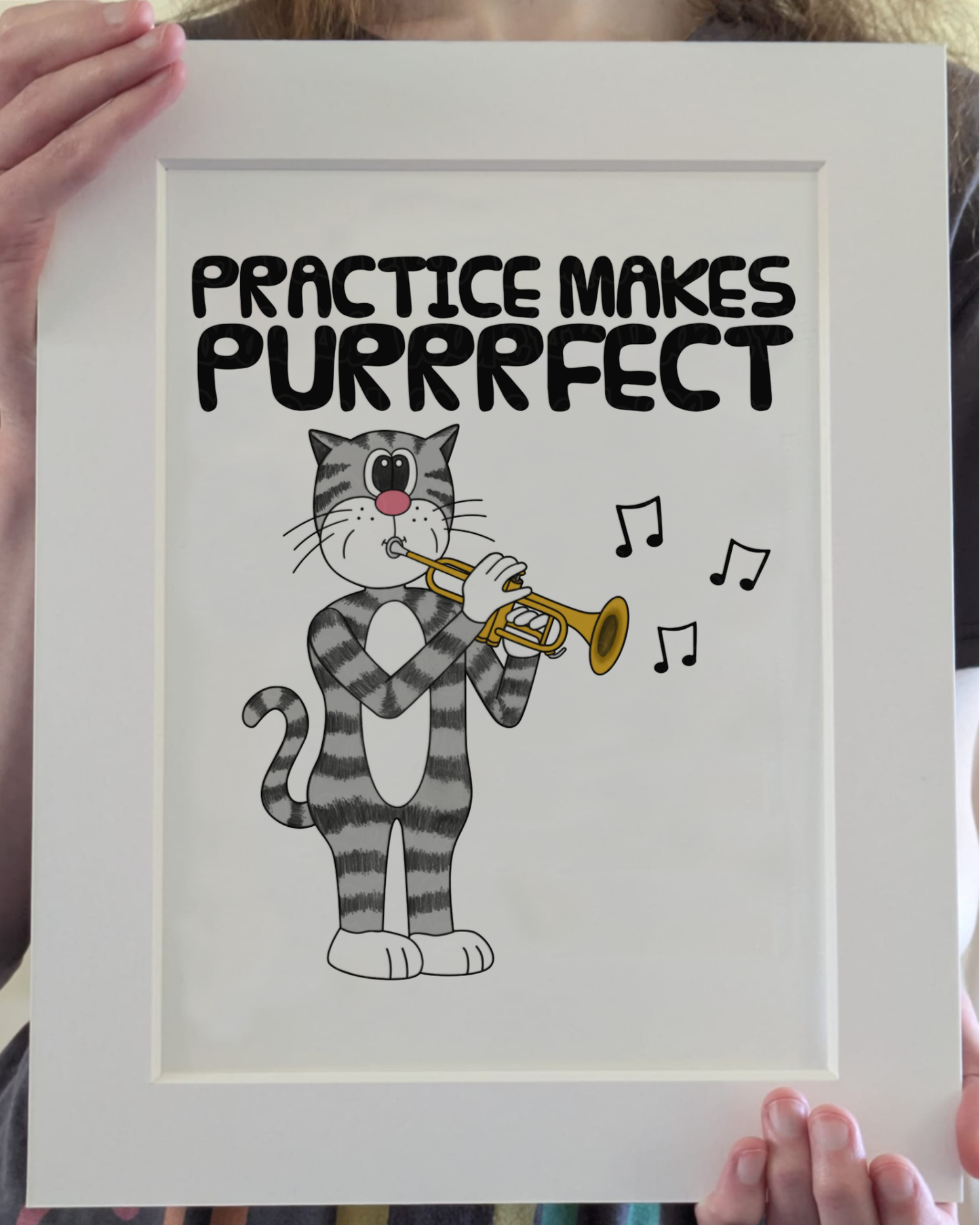 Cat Trumpet Art Print - Practice Makes Purrrfect - Trumpeter Wall Art - Funny Brass Musician Decor