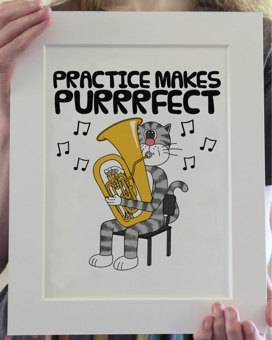 Cat Tuba Art Print - Practice Makes Purrrfect - Tubaist Wall Art - Funny Brass Musician Decor
