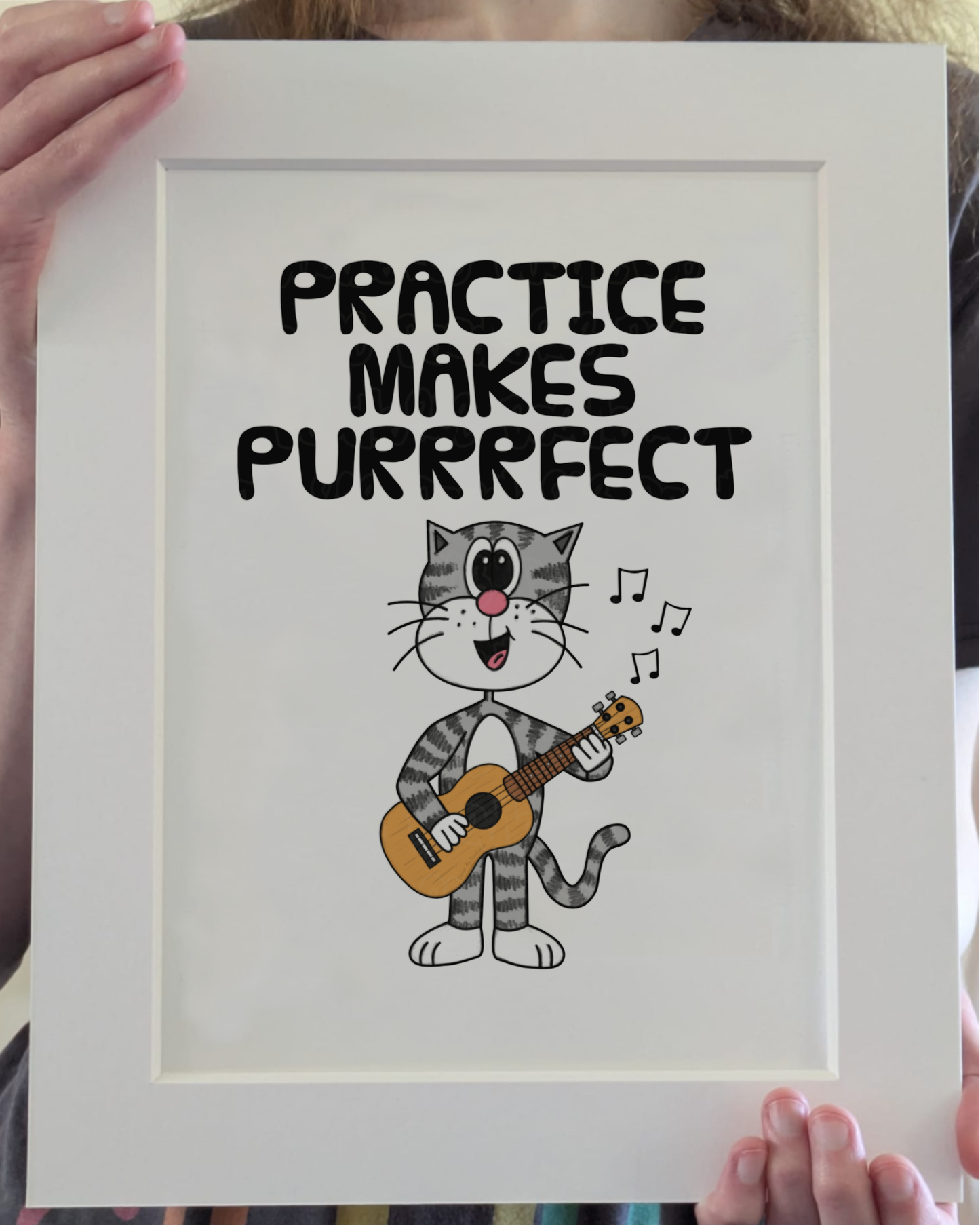 Cat Ukulele Art Print - Practice Makes Purrrfect - Uke Player Wall Art - Funny Music Teacher Gift