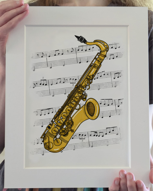 Saxophone Music Notation Art Print – Saxophonist Home Decor – Jazz Musician Wall Art - Music Teacher Gift