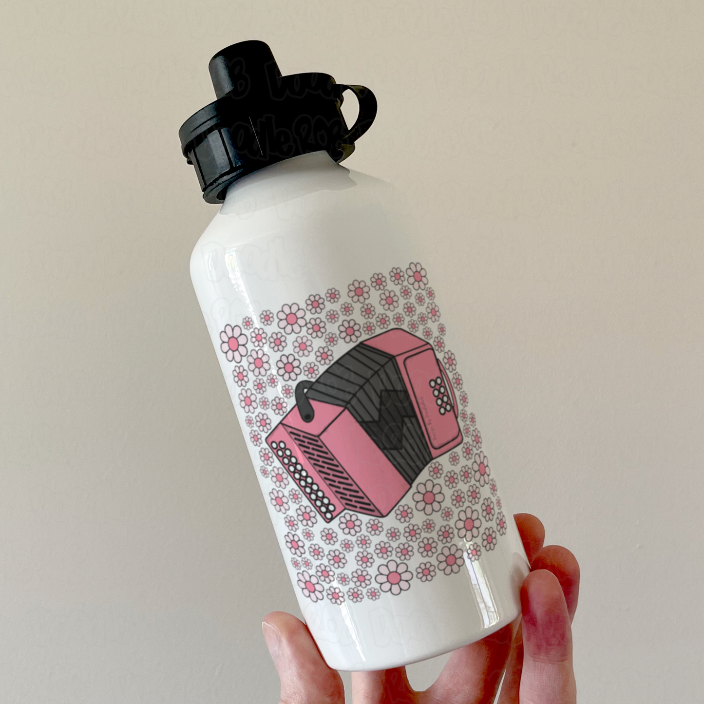 Accordion Floral Water Bottle (Pink Flowers) - Female Accordionist - Folk Musician Gift For Girl