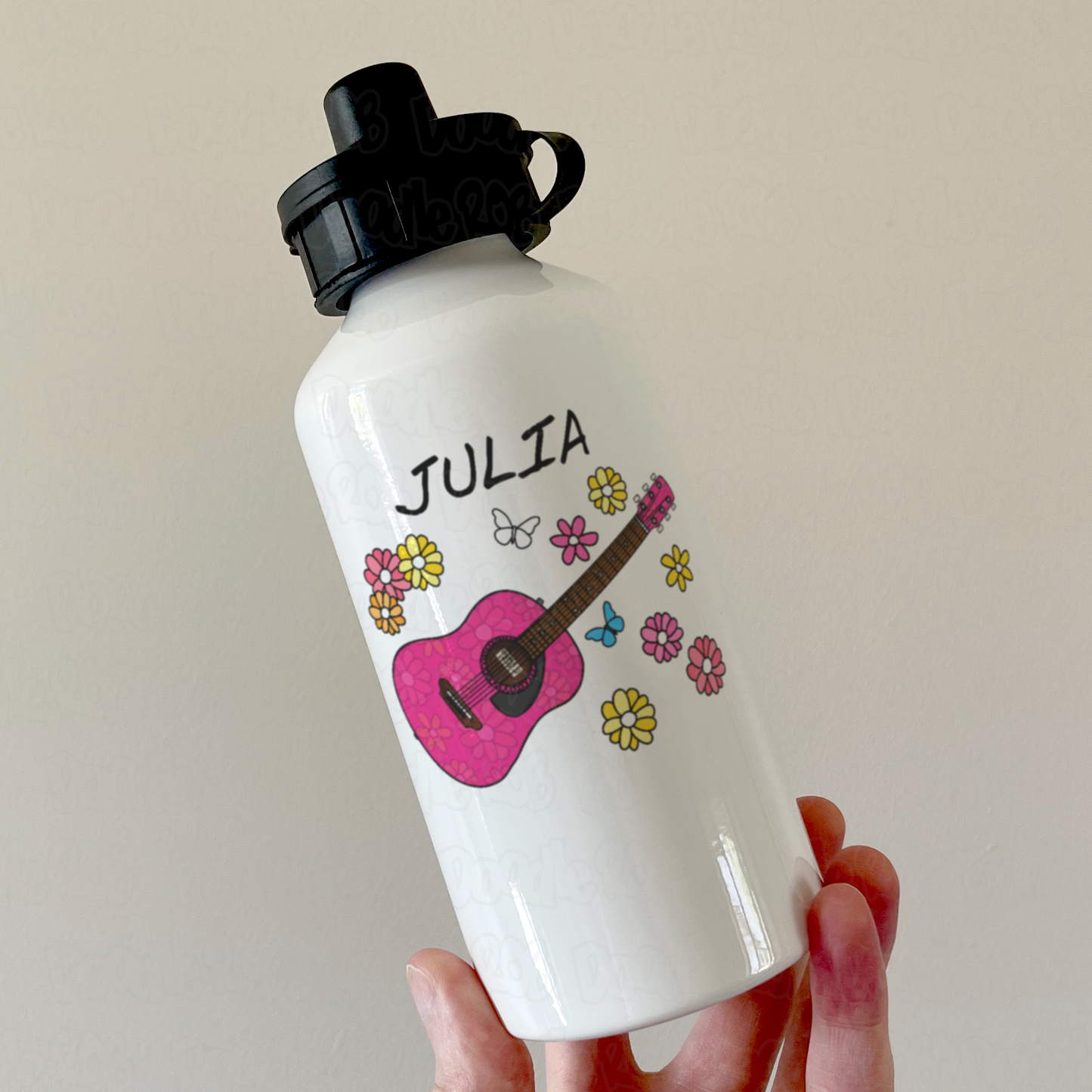 Floral Acoustic Guitar Personalised Water Bottle - Custom Guitar Water Bottle - Guitarist Gift For Her