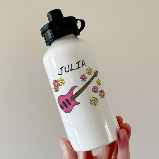 Floral Bass Guitar Personalised Water Bottle - Custom Bass Guitarist Water Bottle - Gift For Female Bassist