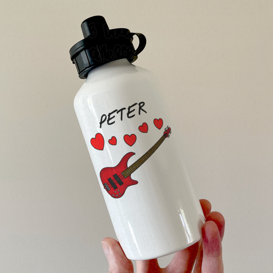 Personalised Bass Guitar Water Bottle (Hearts) - Bassist Anniversary Gift - Wedding Musician Water Bottle