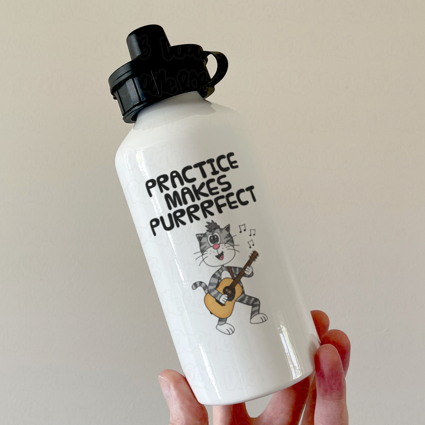Cat Acoustic Guitar Water Bottle - Practice Makes Purrrfect - Funny Gift For Guitarist - Music Teacher Gift