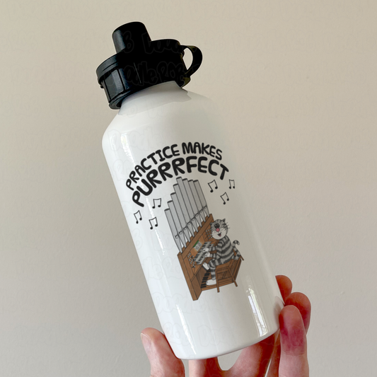 Cat Church Organ Water Bottle - Practice Makes Purrrfect - Funny Gift For Organist