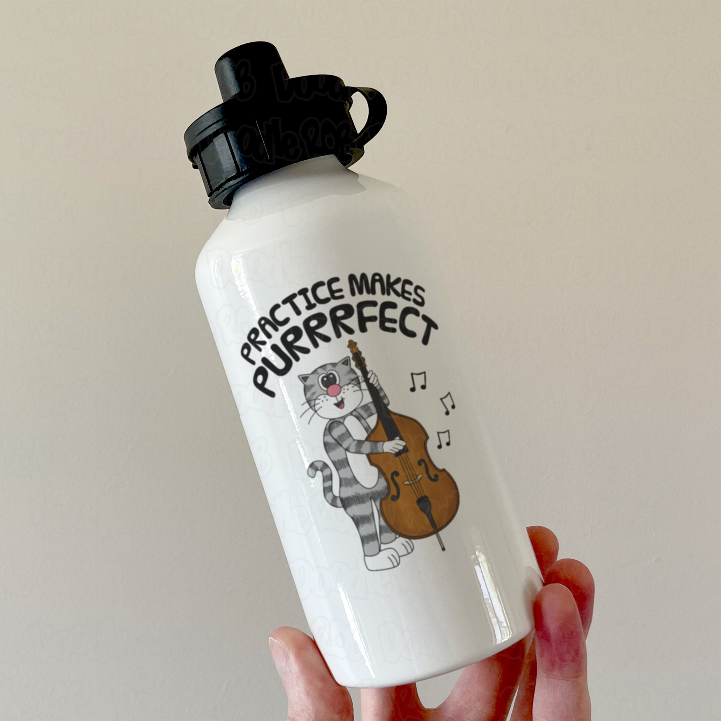 Cat Double Bass Water Bottle - Practice Makes Purrrfect - Funny Gift For Bassist - Jazz Musician Gift