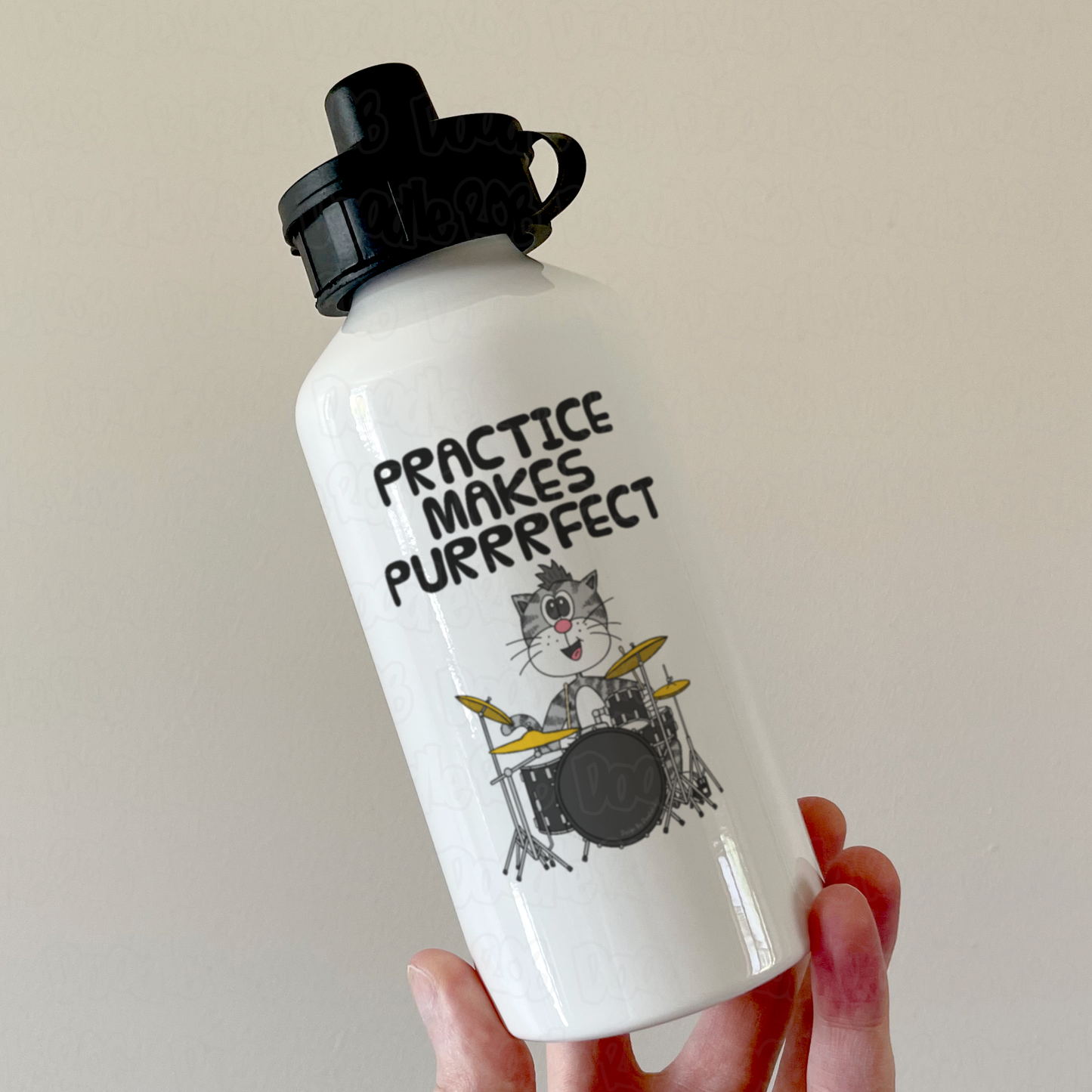 Cat Playing Drums Water Bottle - Practice Makes Purrrfect - Funny Gift For Drummer - Music Teacher Gift