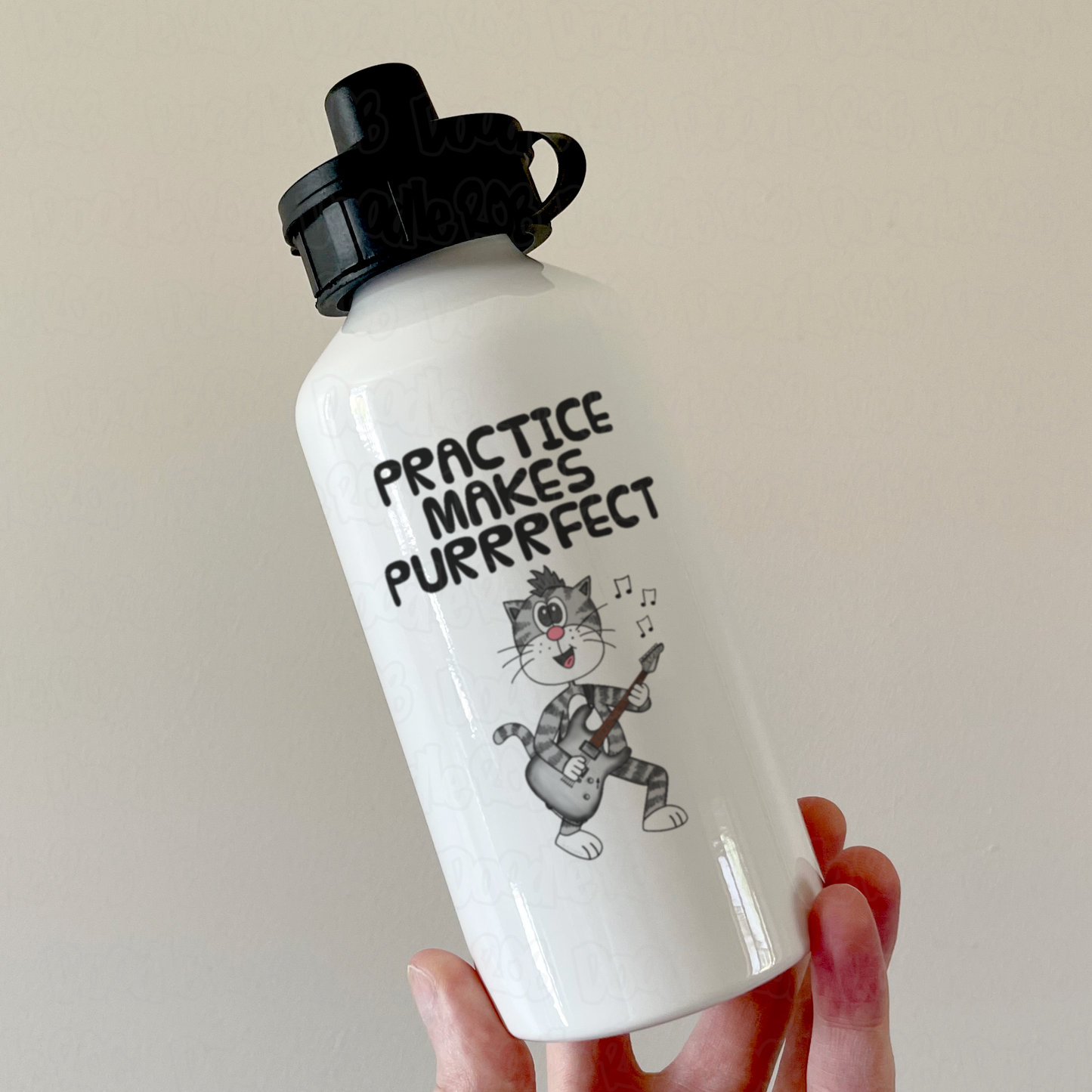 Cat Electric Guitar Water Bottle - Practice Makes Purrrfect - Funny Gift For Guitarist - Music Teacher Gift
