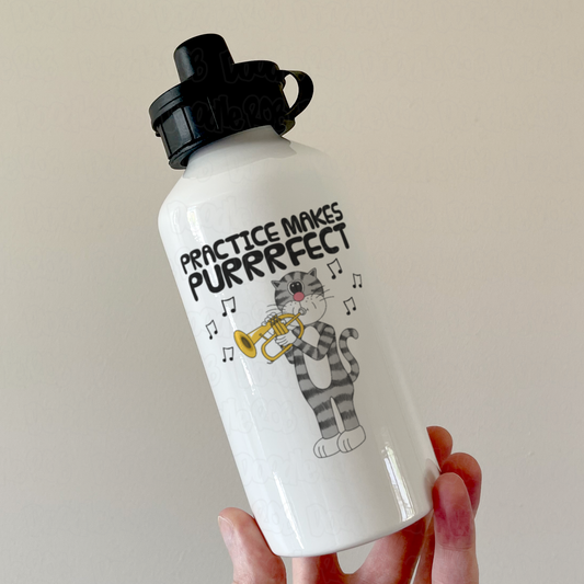 Cat Flugelhorn Water Bottle - Practice Makes Purrrfect - Gift For Hornist - Brass Musician Gift