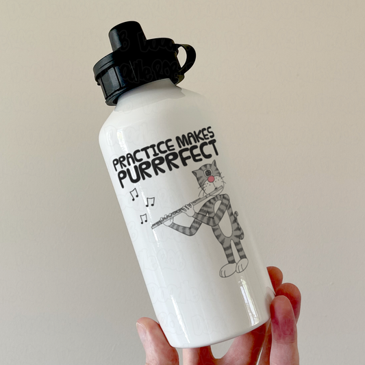 Cat Flute Water Bottle - Practice Makes Purrrfect - Gift For Flautist - Woodwind Musician Orchestra Gift