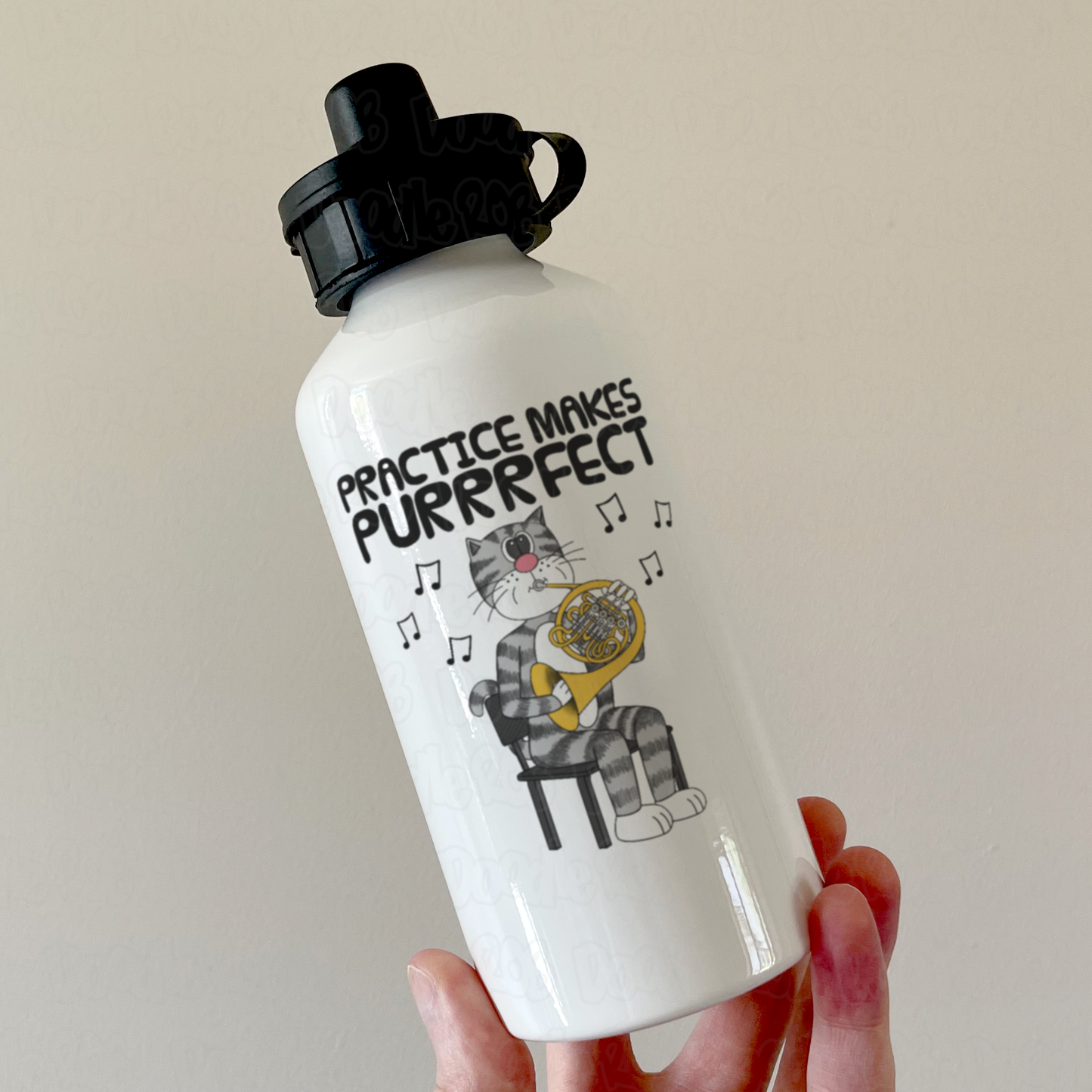 Cat French Horn Water Bottle - Practice Makes Purrrfect - Gift For Hornist - Brass Musician Gift