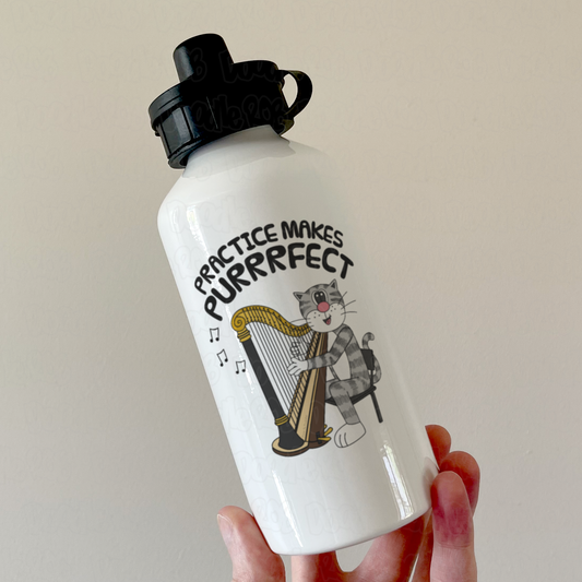 Cat Harp Water Bottle - Practice Makes Purrrfect - Funny Gift For Harpist - Orchestra Musician Gift