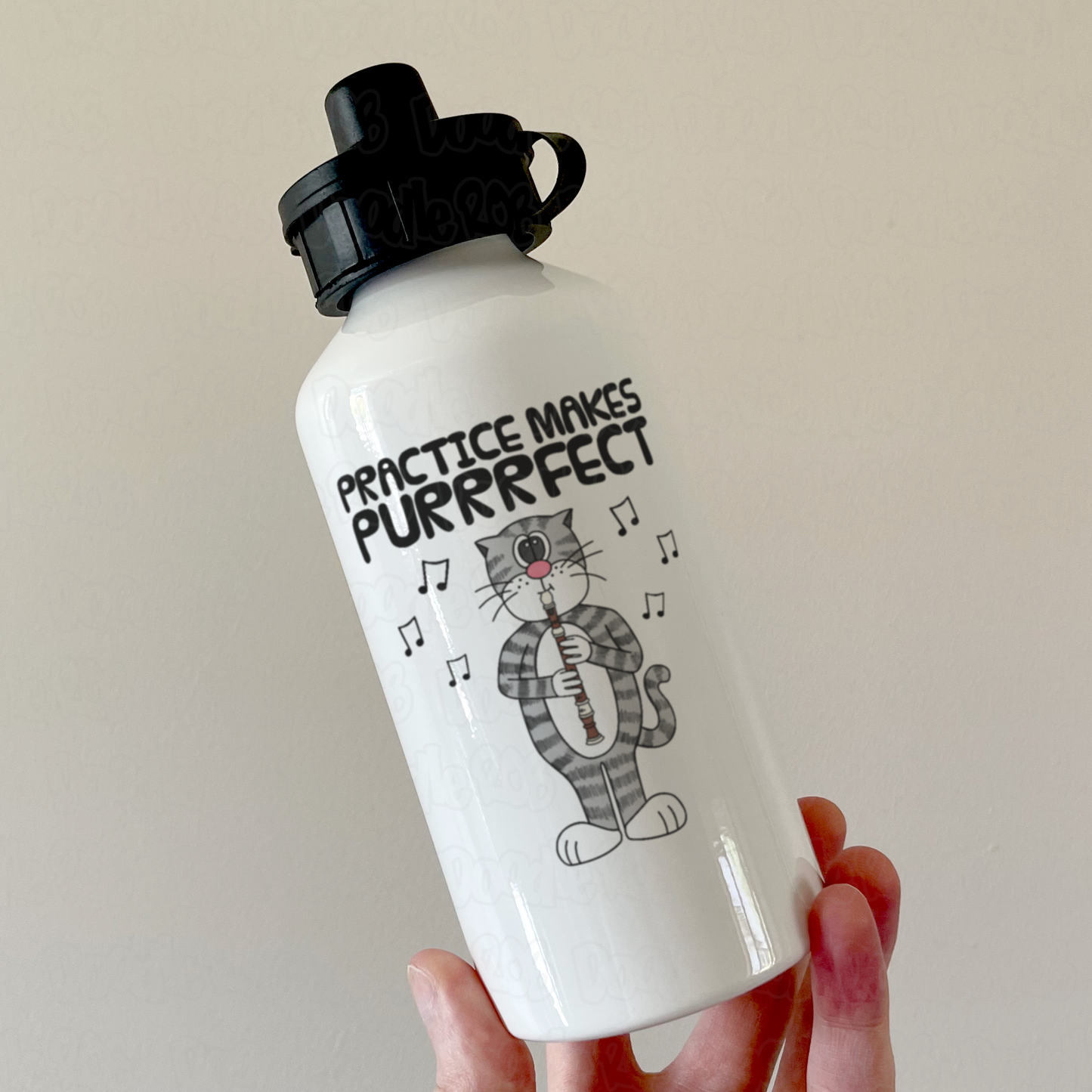 Cat Playing Recorder Water Bottle - Practice Makes Purrrfect - Gift For Recorderist - School Music Teacher Gift