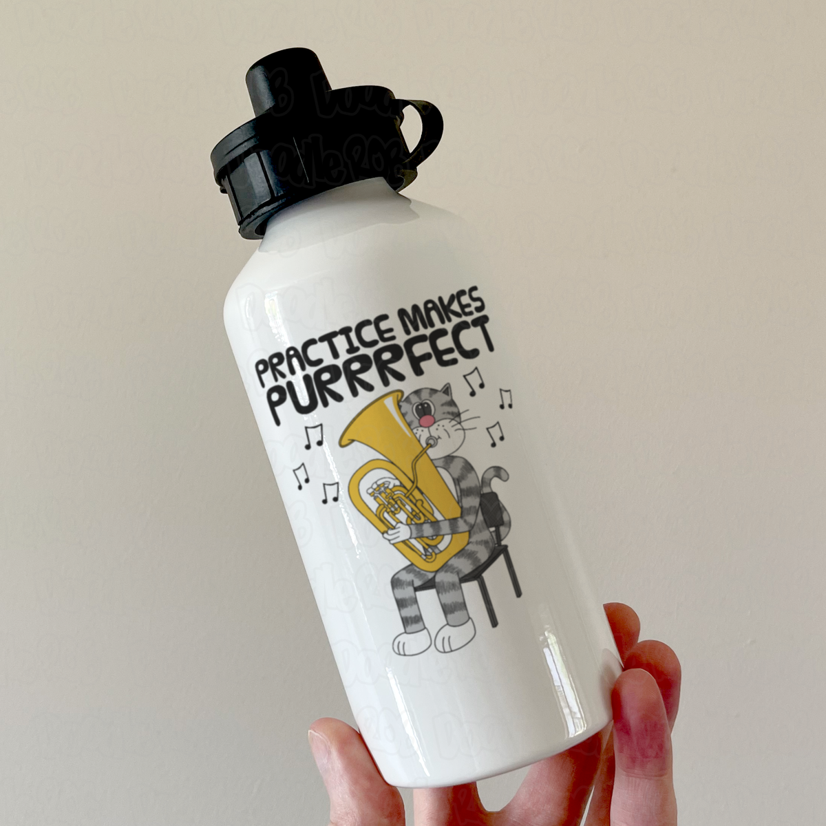 Cat Tuba Water Bottle - Practice Makes Purrrfect - Gift For Tubaist - Brass Musician Gift