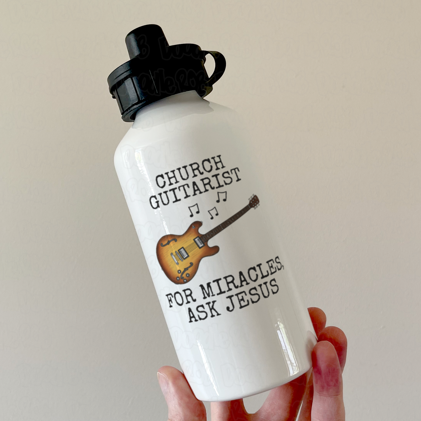 Funny Church Guitarist Water Bottle (Electric Guitar) - For Miracles, Ask Jesus - Christian Musician Gift