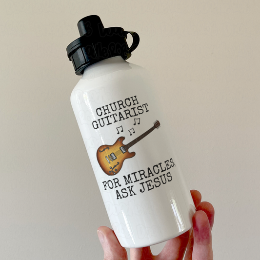 Funny Church Guitarist Water Bottle (Electric Guitar) - For Miracles, Ask Jesus - Christian Musician Gift