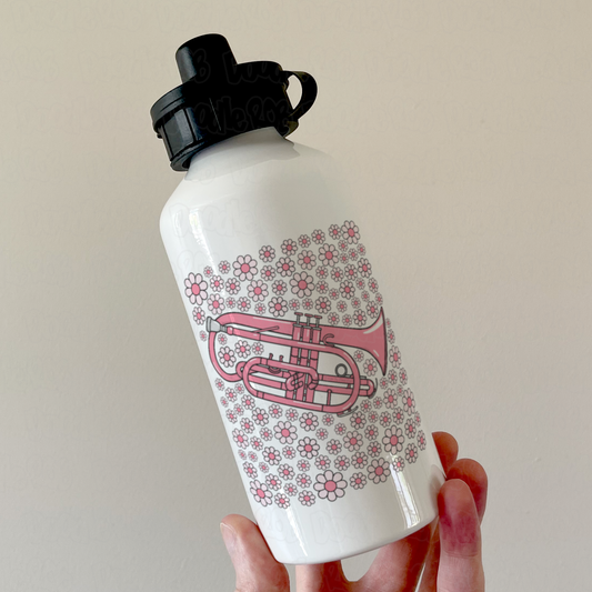 Cornet Floral Water Bottle (Pink Flowers) - Female Cornetist - Brass Musician Gift For Girl