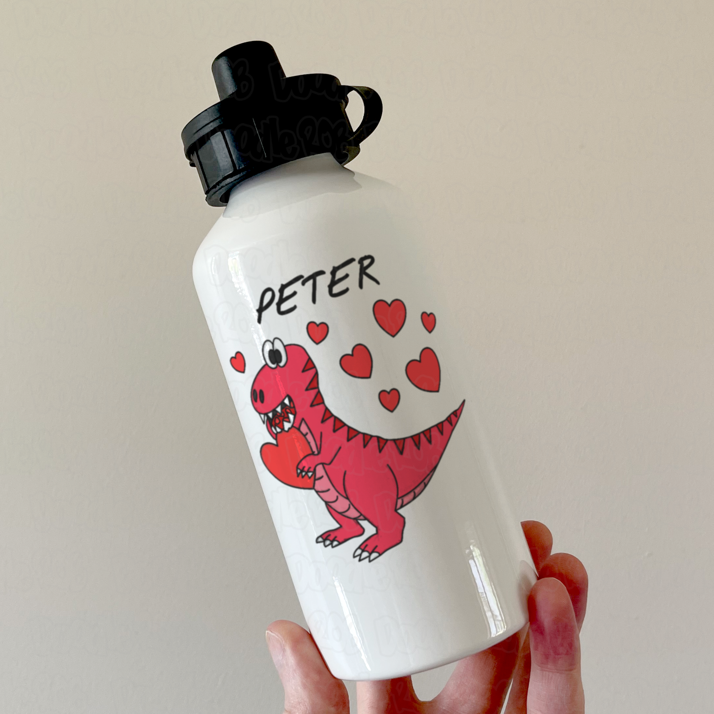 Dinosaur Valentines Personalised Water Bottle - Custom Dinosaur Anniversary Gift - T-Rex Valentines Gift For Boy