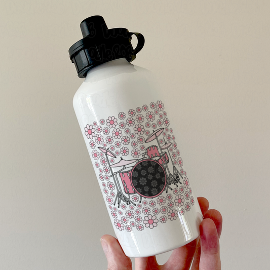 Drummer Floral Water Bottle (Pink Flowers) - Female Drummer - Percussionist Musician Gift For Girl