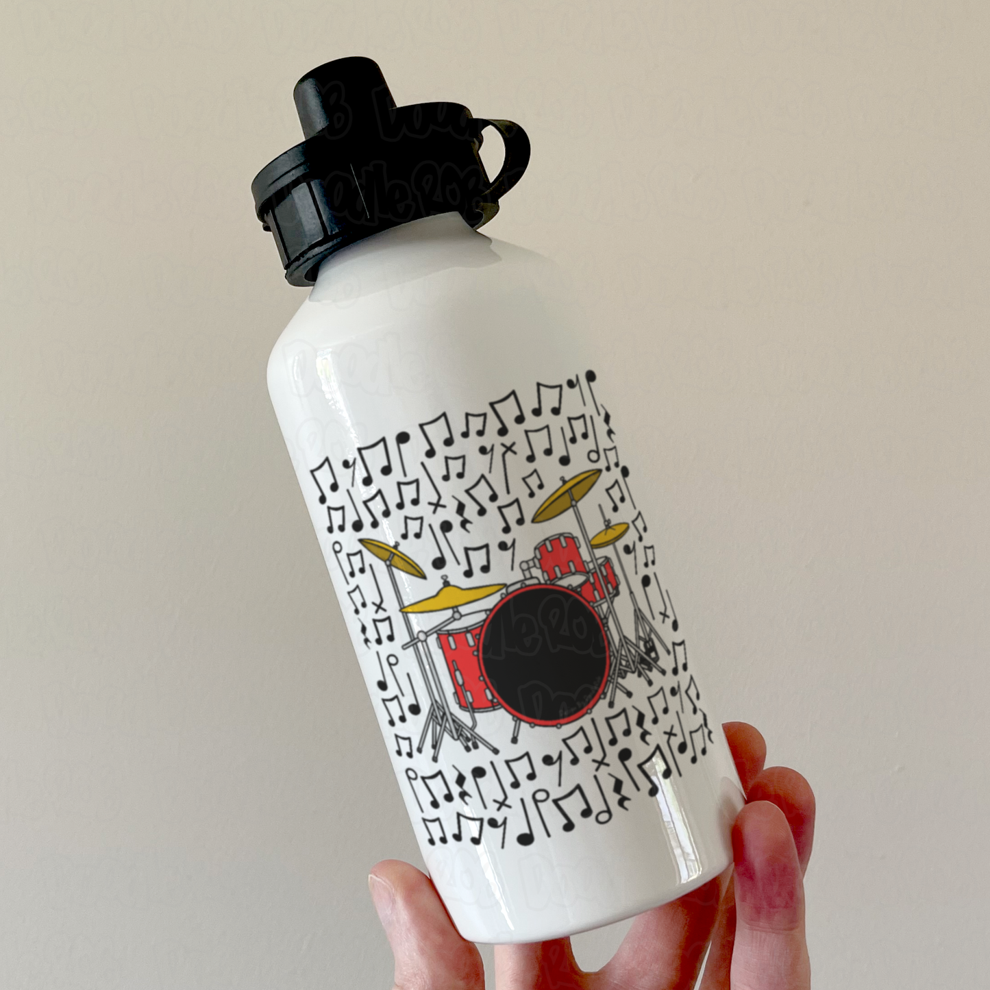 Drum Kit Musical Notes Water Bottle - Gift For Drummer - Drum Teacher Water Bottle - Percussionist Gift