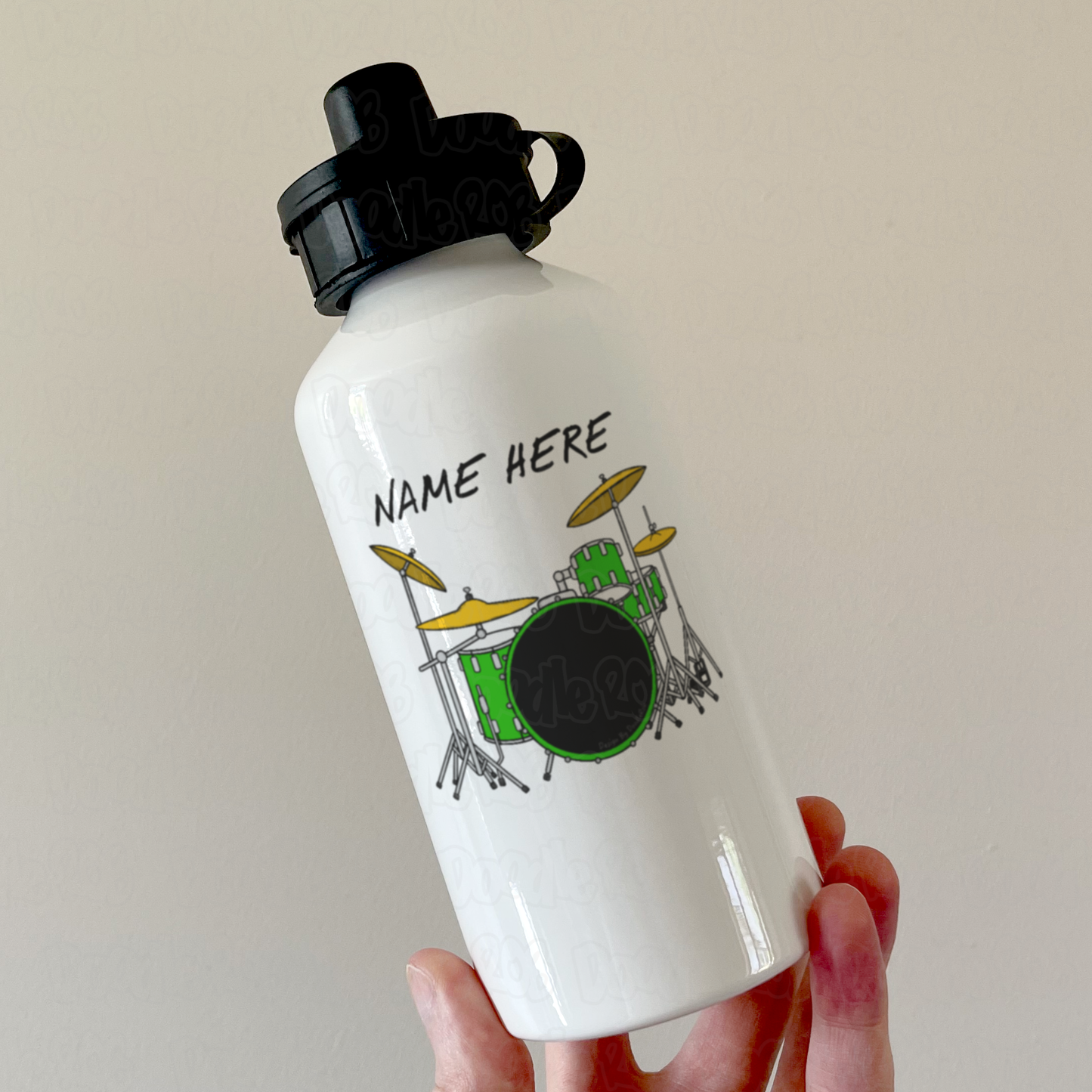 Personalised Drummer Water Bottle (Green) - Green Drum Kit Water Bottle - Custom Drum Teacher Gift