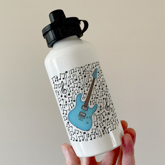 Electric Guitar Musical Notes Water Bottle (Blue) - Guitar Teacher Water Bottle - Gift For Guitarist