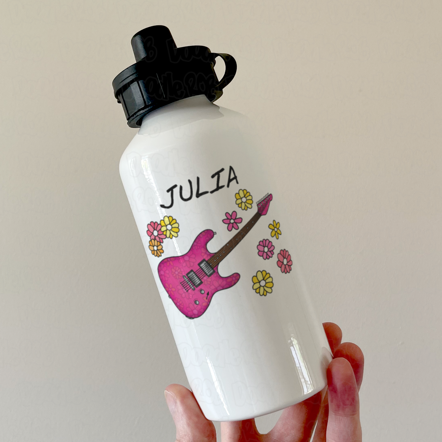 Floral Electric Guitar Personalised Water Bottle - Custom Guitar Water Bottle - Female Guitarist Gift