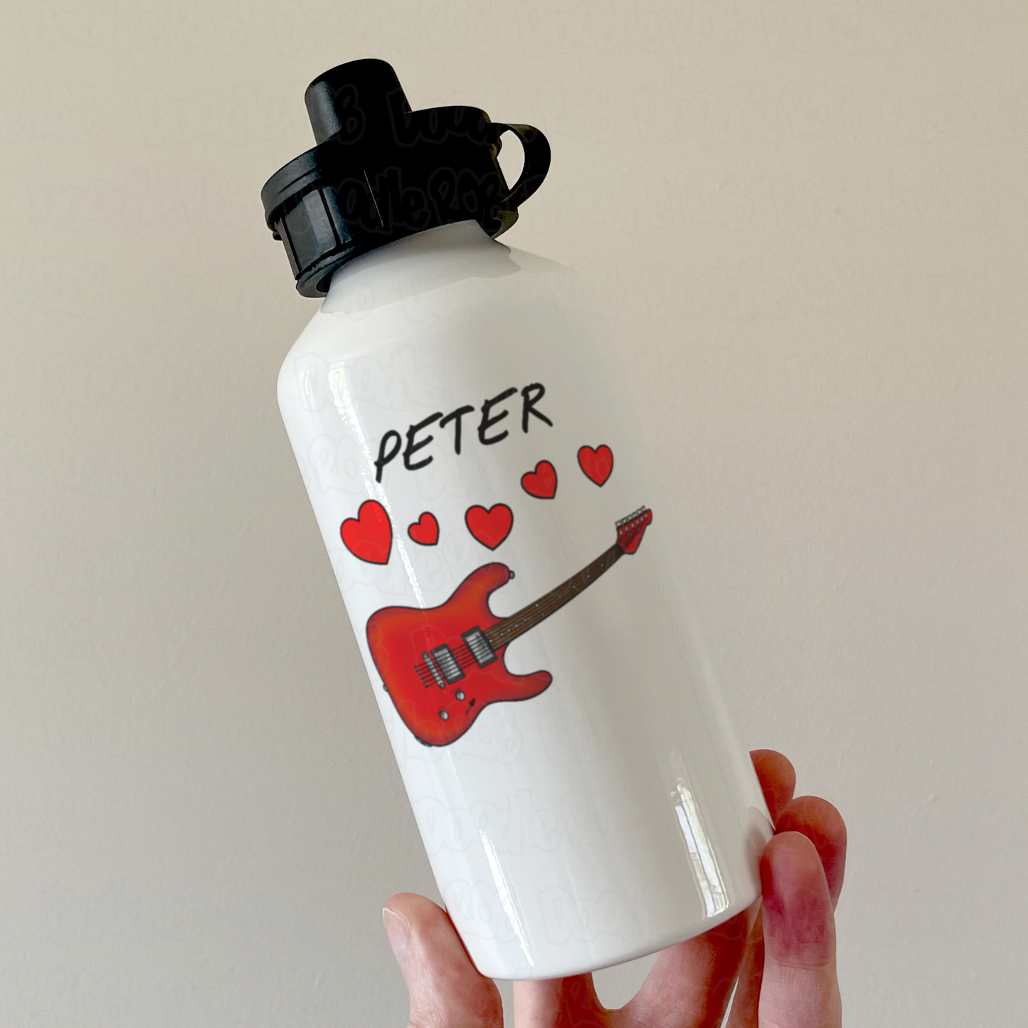 Personalised Guitar Water Bottle (Hearts) - Guitarist Anniversary Gift - Wedding Musician Custom Water Bottle