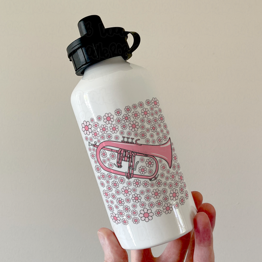 Flugelhorn Floral Water Bottle (Pink Flowers) - Female Horn Player - Brass Musician Gift For Girl