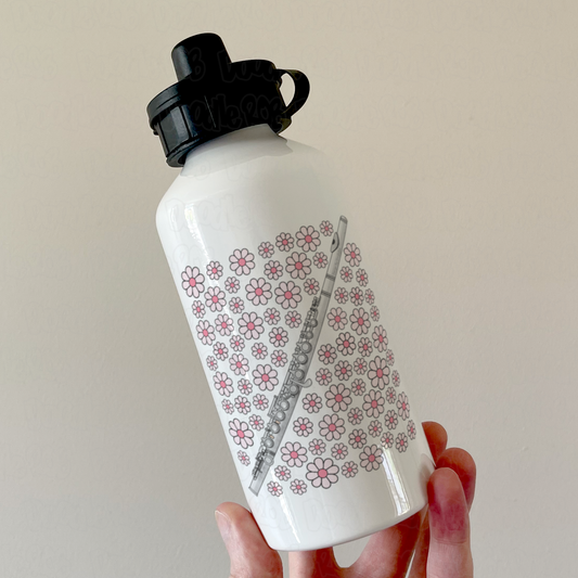 Flute Floral Water Bottle (Pink Flowers) - Female Flautist - Woodwind Musician Gift For Girl