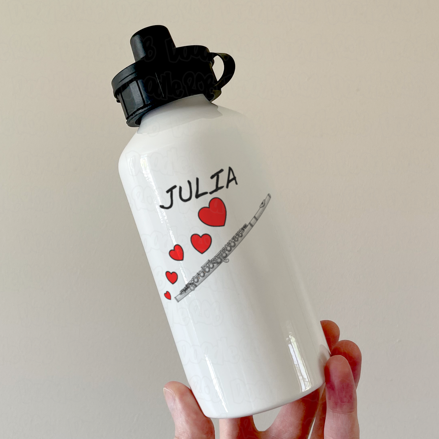 Personalised Flute Water Bottle (Hearts) - Flautist Anniversary Gift - Wedding Musician Custom Water Bottle