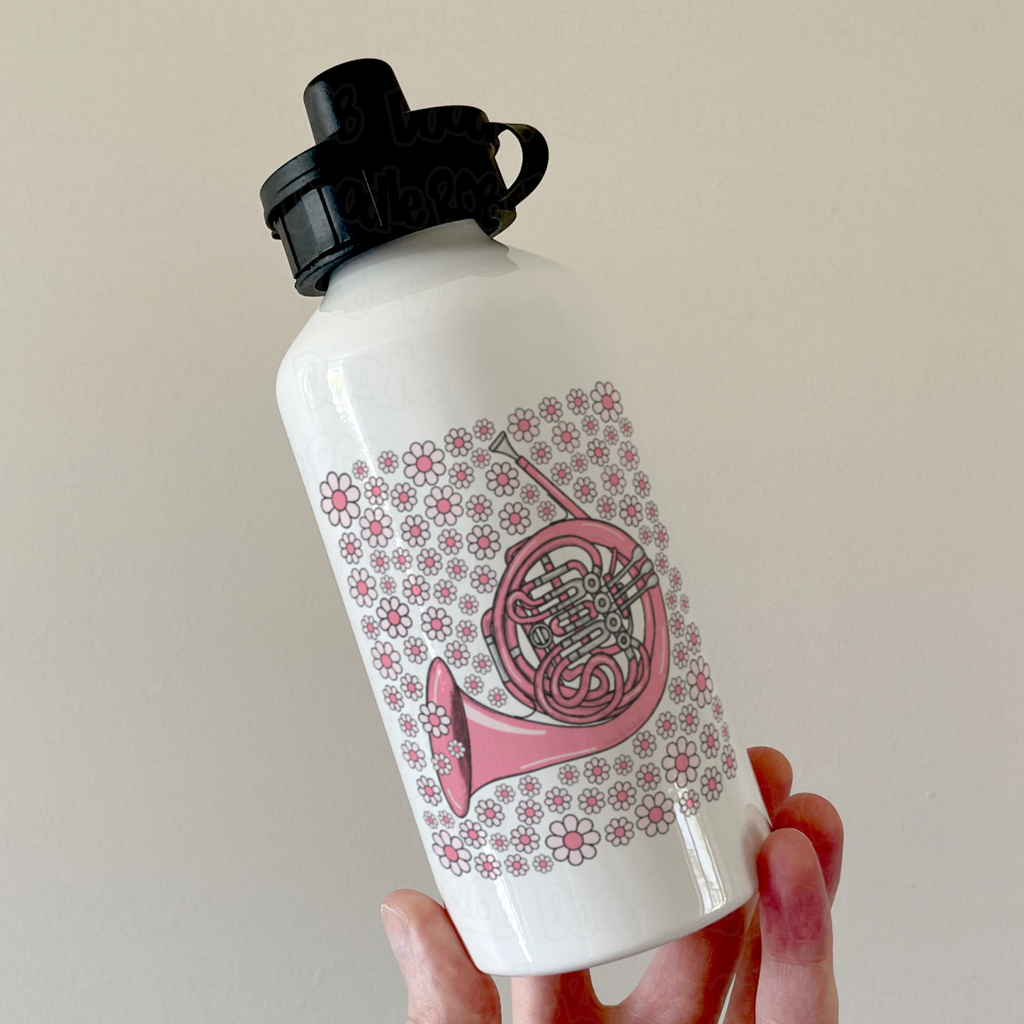 French Horn Floral Water Bottle (Pink Flowers) - Female Horn Player - Brass Musician Gift For Girl