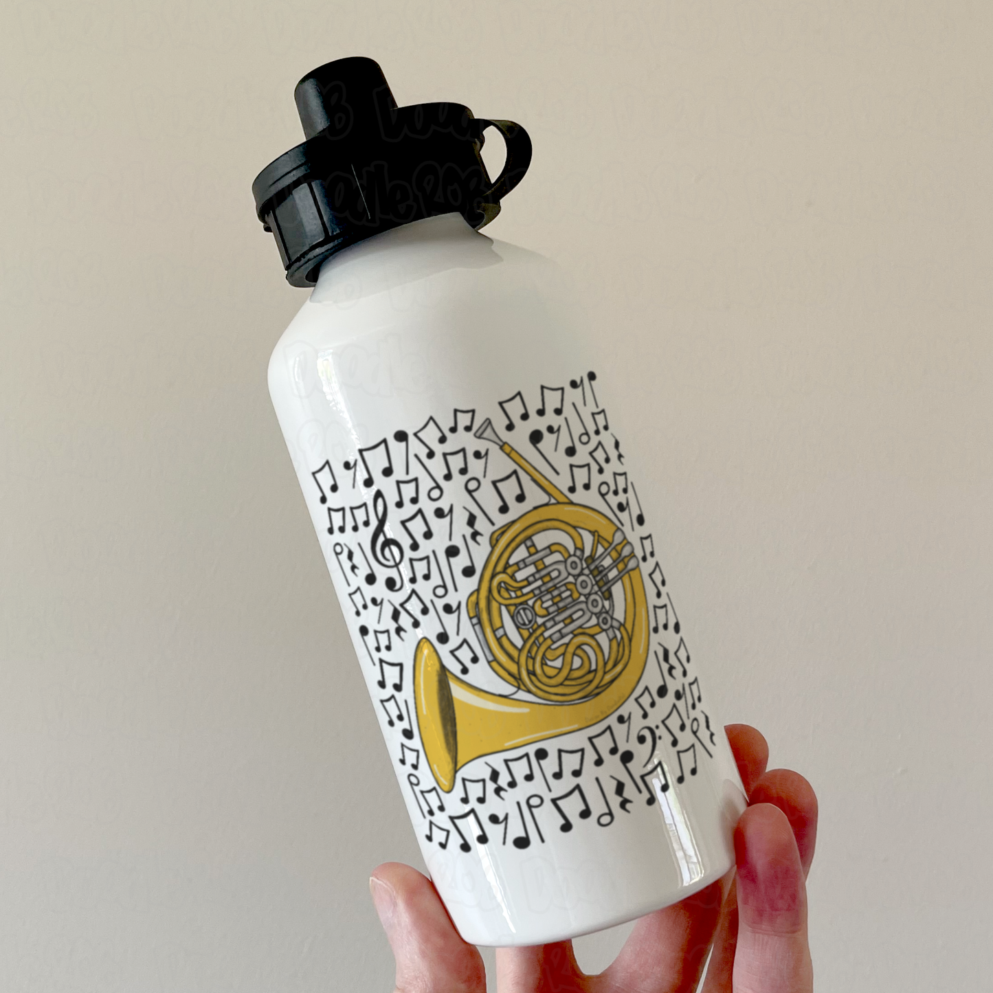 French Horn Musical Notes Water Bottle - Horn Player Water Bottle - Brass Musician Orchestra Gift
