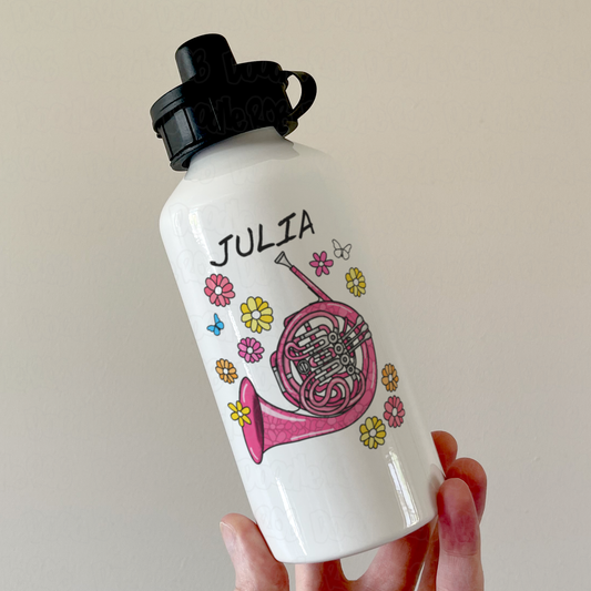 Floral French Horn Personalised Water Bottle - Custom Horn Player Water Bottle - Brass Musician Gift For Her