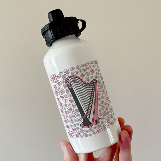 Harp Floral Water Bottle (Pink Flowers) - Female Harpist - String Musician Gift For Girl