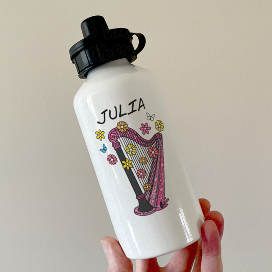 Floral Harp Personalised Water Bottle - Harpist Custom Gift - Harp Teacher Gift
