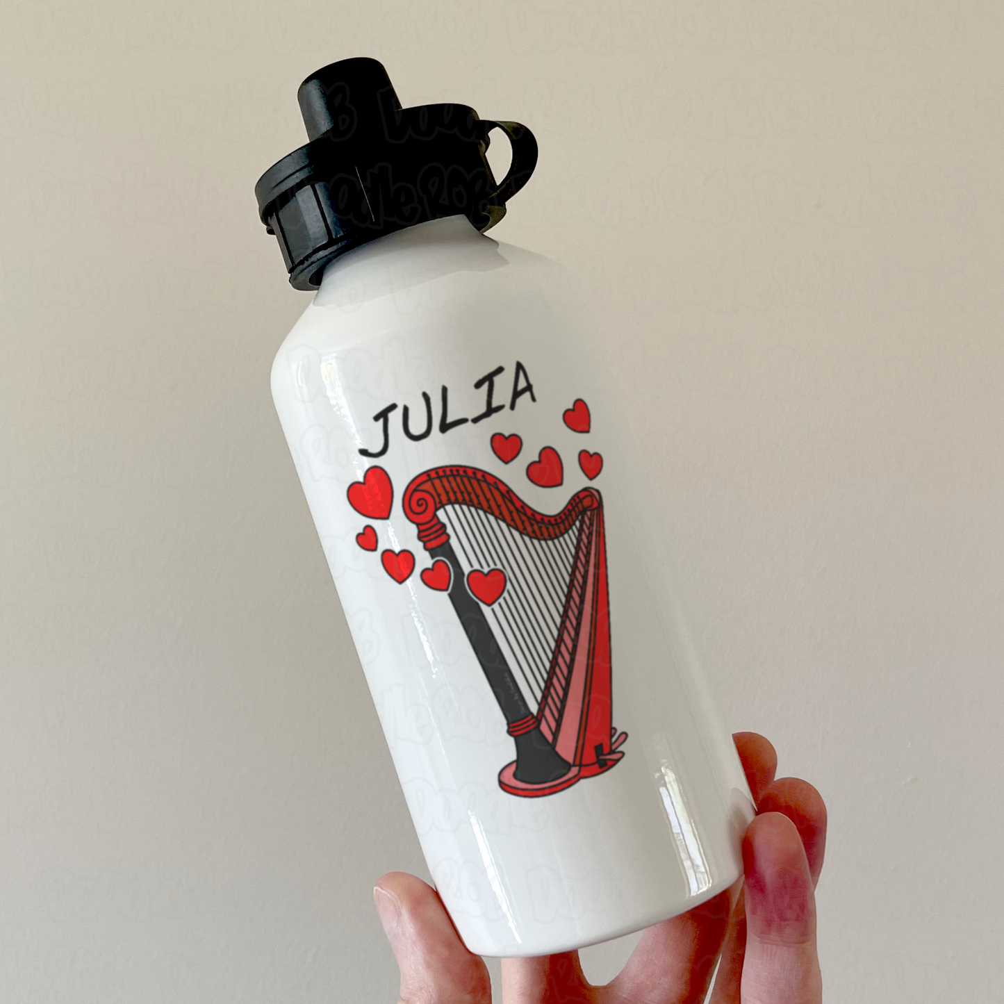 Harp Personalised Water Bottle (Hearts) - Custom Gift For Harpist - Wedding Harpist Gift - Valentines Musician Water Bottle