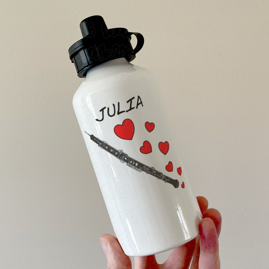 Personalised Oboe Water Bottle (Hearts) - Oboist Anniversary Gift - Wedding Musician Custom Water Bottle