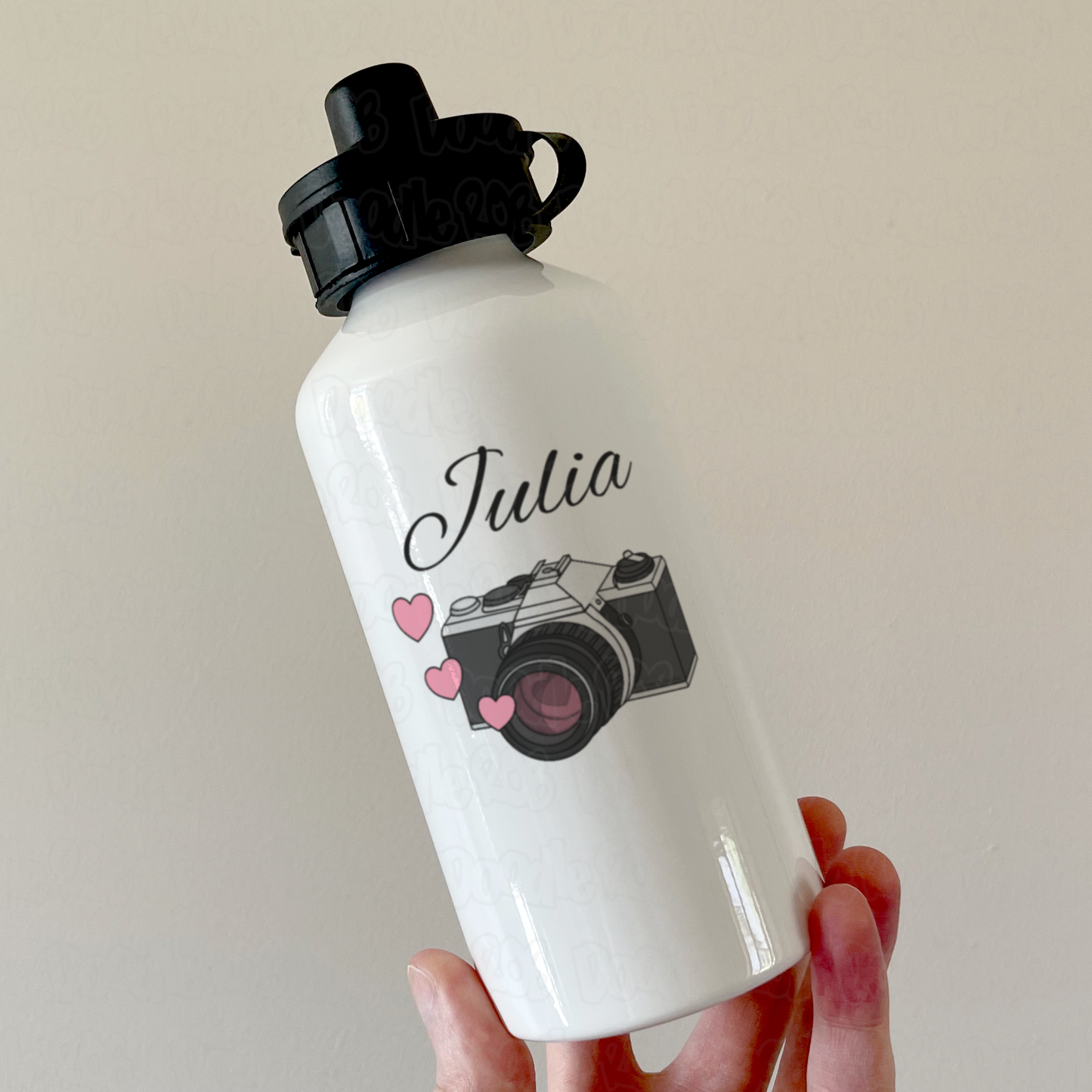 Wedding Photographer Personalised Water Bottle - Vintage Camera With Pink Hearts - Custom Gift For Photographer