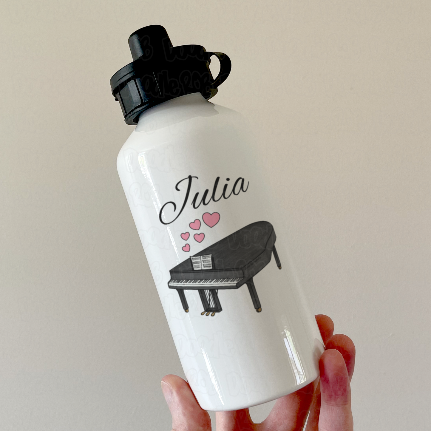 Wedding Pianist Personalised Water Bottle - Grand Piano With Pink Hearts - Musician Custom Gift