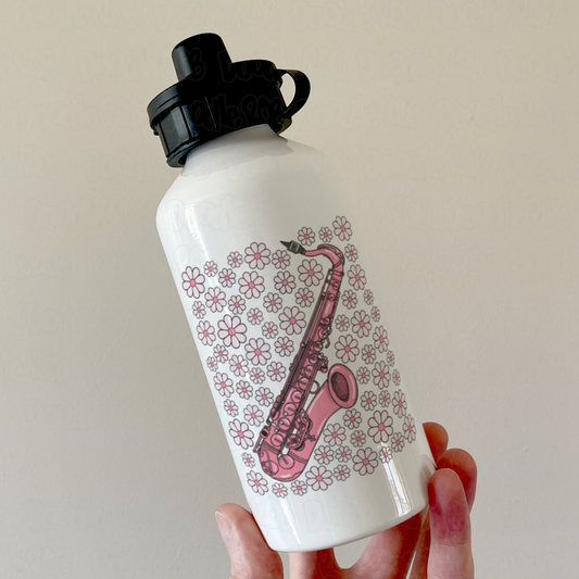 Saxophone Floral Water Bottle (Pink Flowers) - Female Saxophonist - Woodwind Musician Gift For Girl