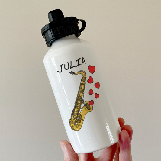 Personalised Saxophone Water Bottle (Hearts) - Saxophonist Custom Gift - Wedding Sax Player Water Bottle