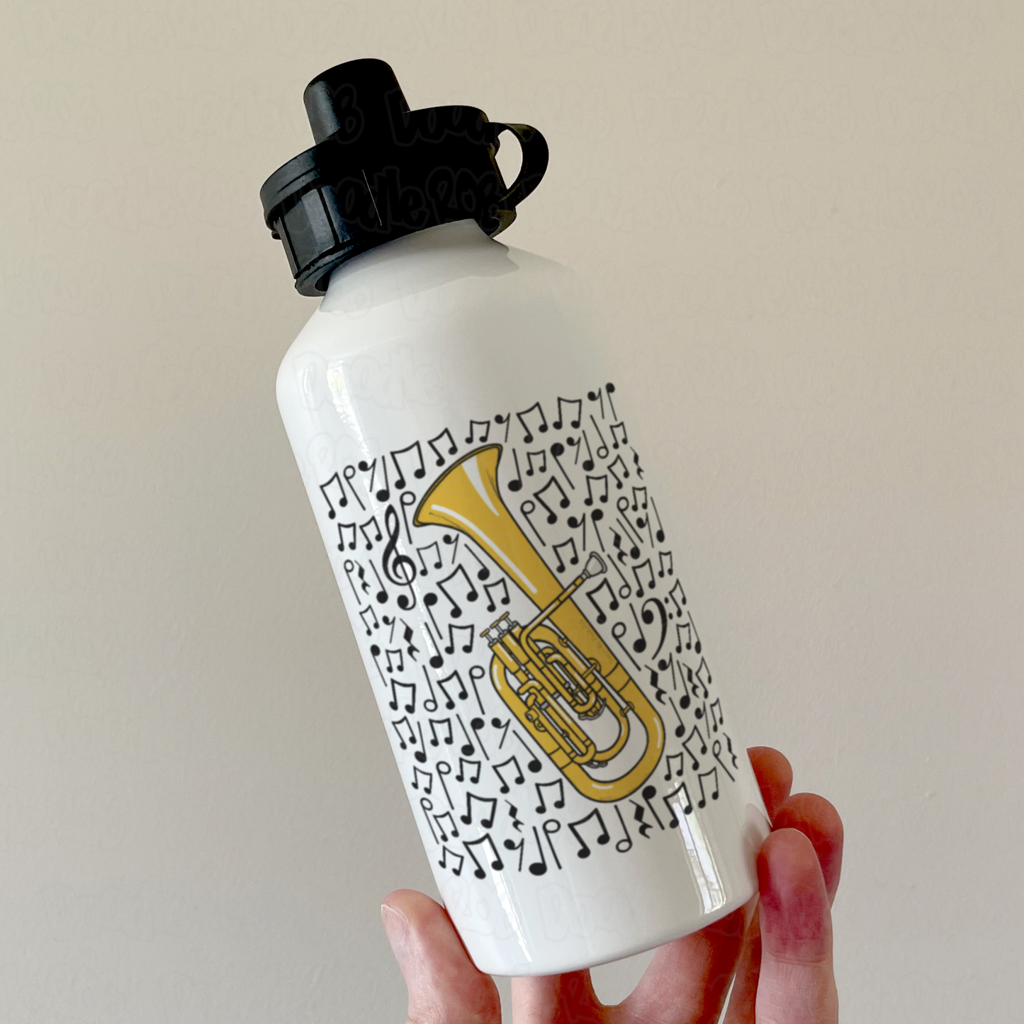 Tenor Horn Musical Notes Water Bottle - Gift For Horn Player - Brass Musician Gift